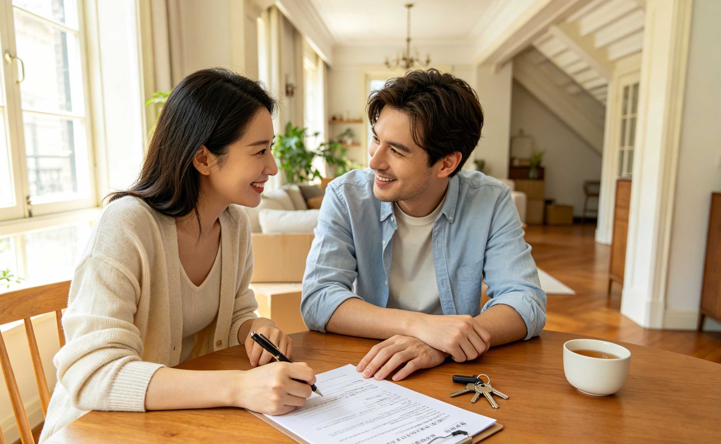 Happy expat couple reviewing a bilingual rental contract in a sunlit Old Xuhui apartment, keys visible on the table – symbolizing a successful home rental in Shanghai.