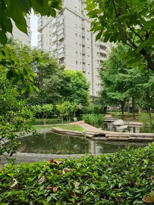 Lush central garden at City Castle compound in Jing‘an, Shanghai, featuring mature trees, manicured bushes, a small pond, and modern residential towers in the background.