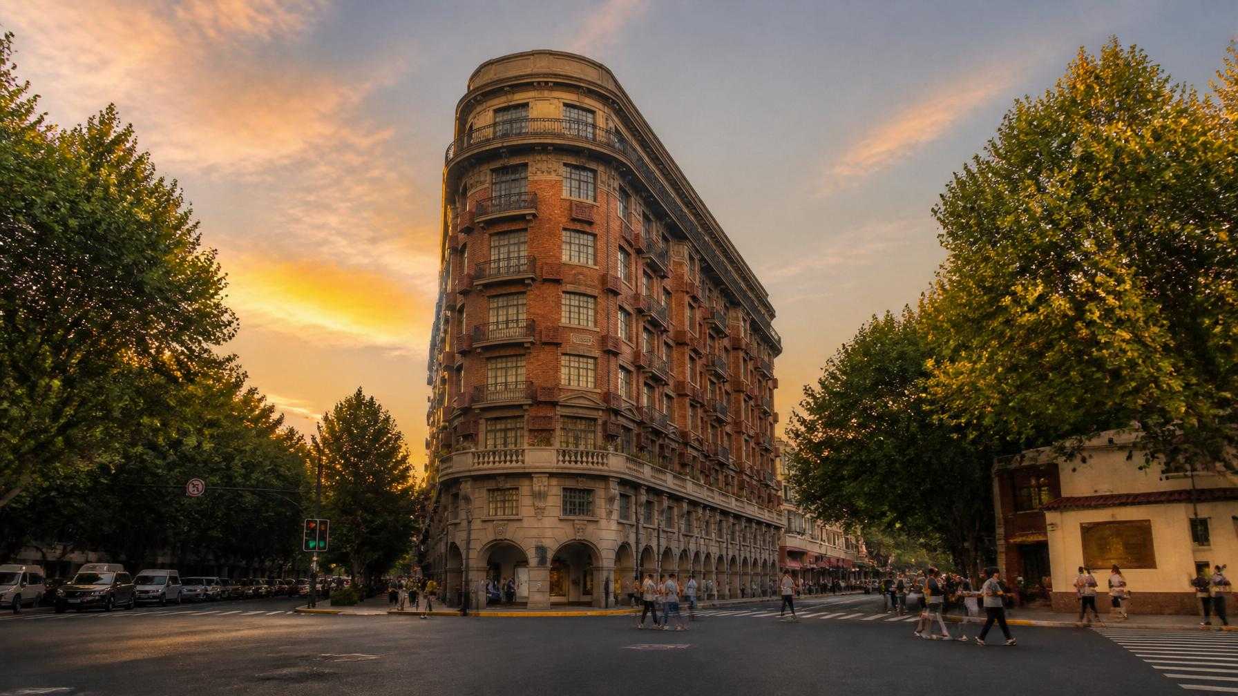 Iconic Wukang Building in Shanghai at golden hour, showing its unique ship-like wedge shape at a busy intersection.