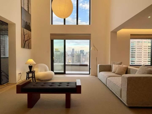 Top floor penthouse duplex at Riverside Garden. 4-bed, 3-bath + open study, ~300 sqm, Suzhou Creek views, near the Bund. 58,800 RMB/month.
