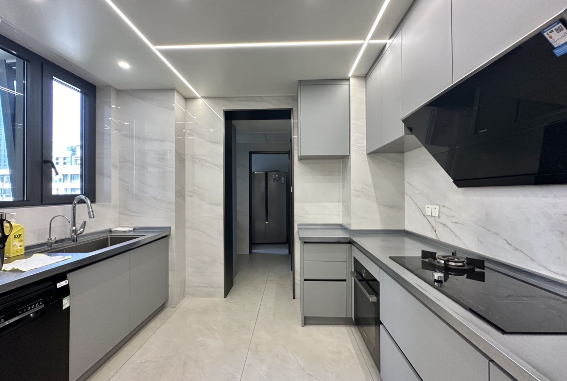 Building king unit at Top of City with 2M RMB renovation. 224 sqm, 4 beds + maid's, lake view balcony, one-unit-per-floor elevator, underground parking. 45,000 RMB/month.