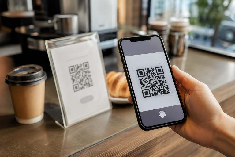 Smartphone displaying a mobile payment QR code at a Shanghai café counter