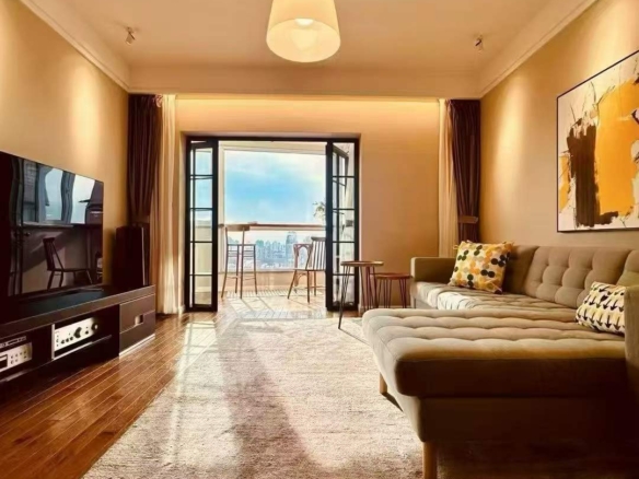High-floor 2-bed, 2-bath unit at Ambassy Court on Huaihai Road. 114 sqm, Italian designer renovation, imported finishes, underfloor heating, clubhouse. 28,000 RMB/month.