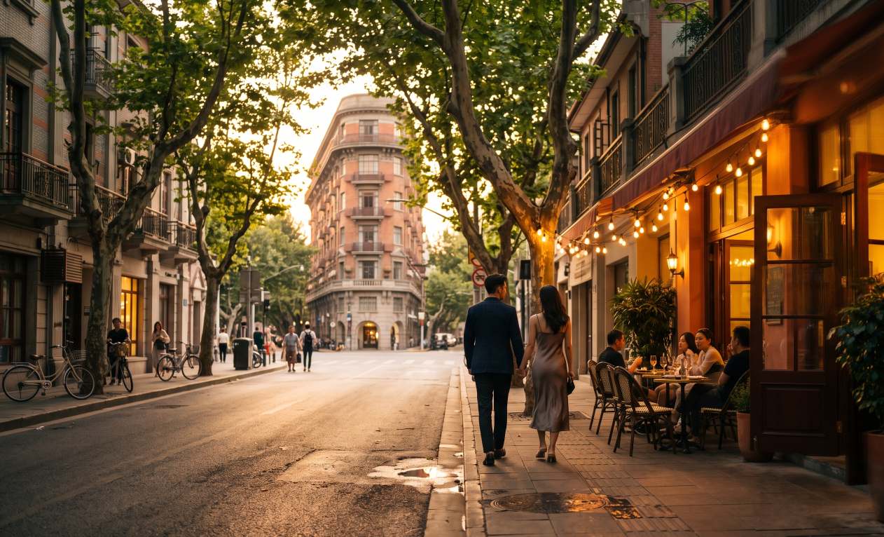 A romantic evening scene on tree-lined Anfu Road in Shanghai's Former French Concession, with warm cafe lights and the Wukang Building in the background.