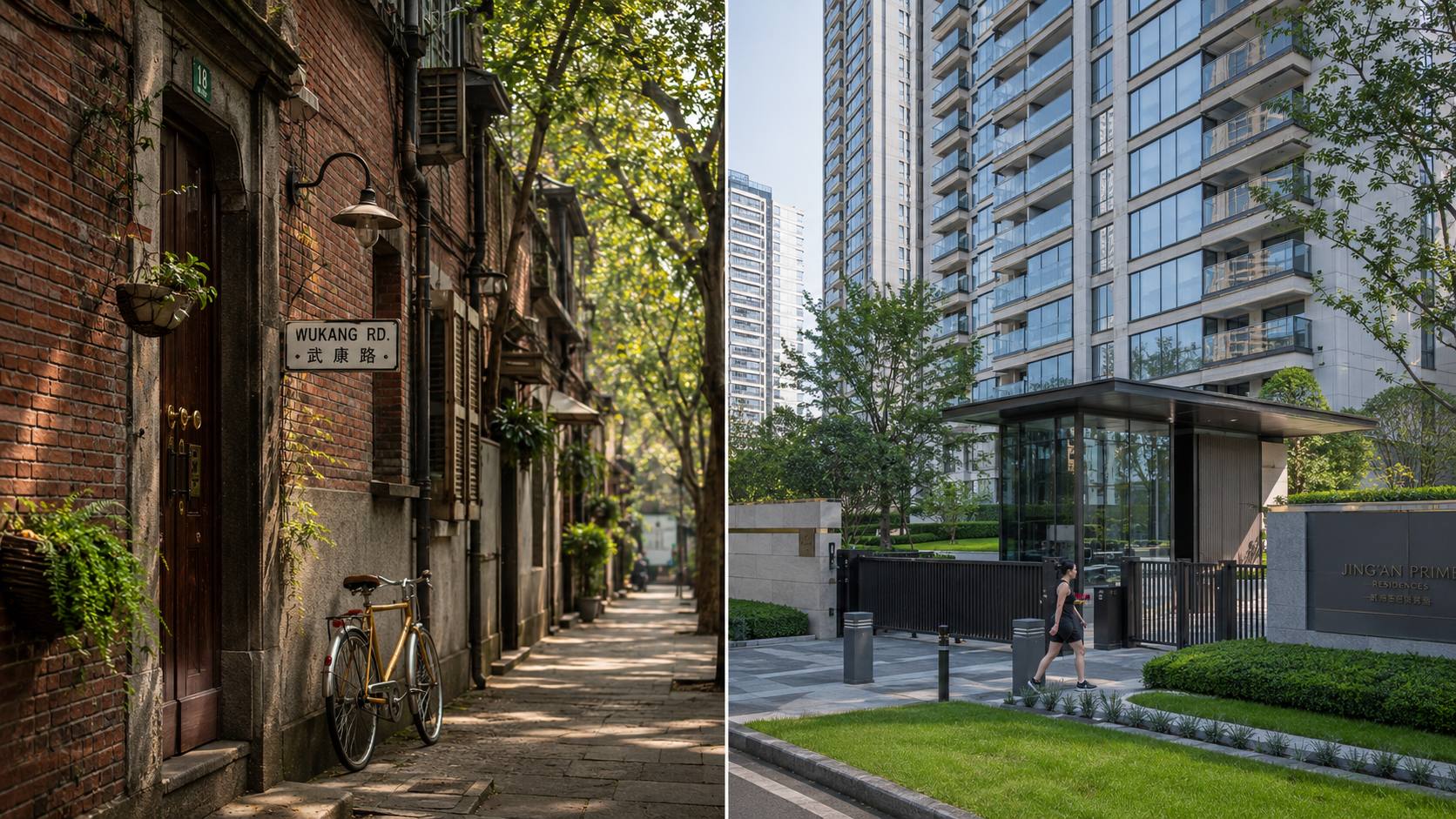 Split-screen comparison of a traditional Shanghai lane house alleyway and a modern Jing'an compound, showing the contrast between old and new living options in the city.