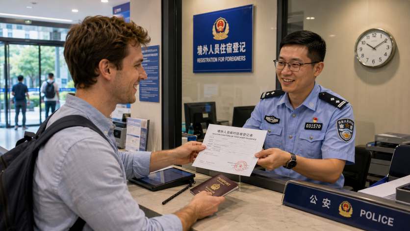A foreigner completing police registration in Shanghai, holding their passport and temporary residence form at a service window, illustrating the 24-hour registration requirement for international visitors.