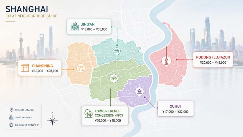 An infographic-style map of Shanghai neighborhoods with rent price ranges for 2026, including Jing'an, Former French Concession, Xuhui, and Pudong.