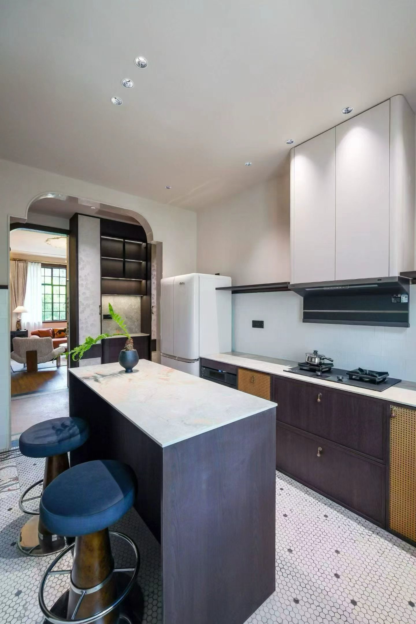 2-bed, 2-bath heritage unit at Pass Apartment on Changshu Road. 150 sqm, 80 sqm terrace, original fireplace, first rental. Steps from metro. 42,800 RMB/month.