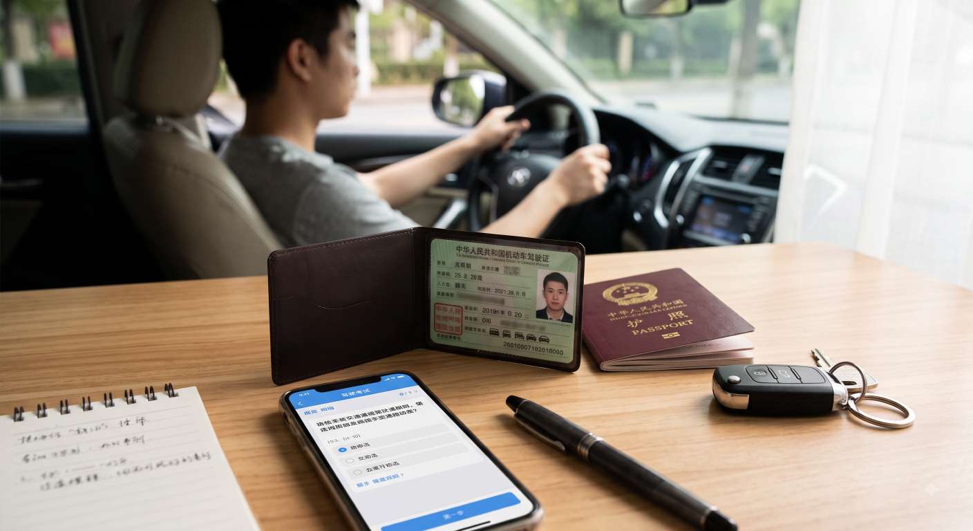 A Chinese driver‘s license and passport on a wooden desk with a smartphone showing a driving test preparation app, symbolizing the process of getting a license in Shanghai.