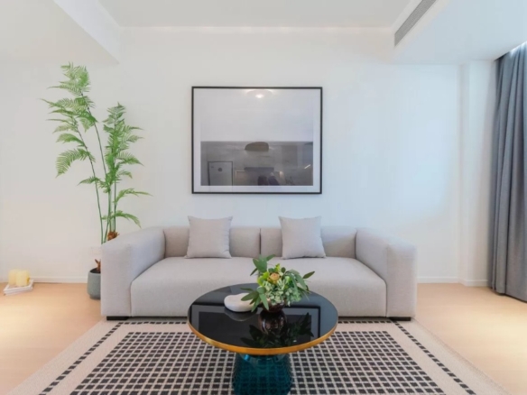 1-bed, 1-bath unit at City Castle in Jing'an. 66 sqm, south-facing, central AC, dishwasher, washer-dryer, full service package included. 16,489 RMB/month.
