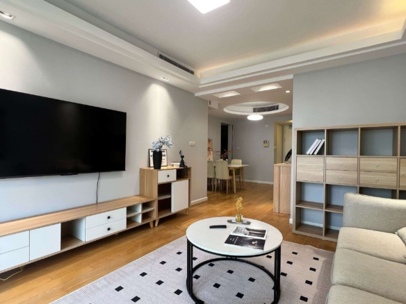 2-bed, 2-bath unit at Eight Park Avenue in Jing'an. 110 sqm, central AC, underfloor heating, clubhouse with pool and gym. 25,800 RMB/month.