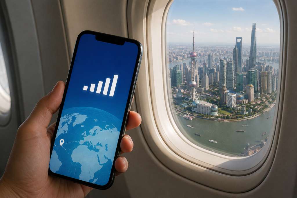Smartphone showing mobile data connection near an airplane window with a city skyline below, representing eSIM setup for arriving in Shanghai