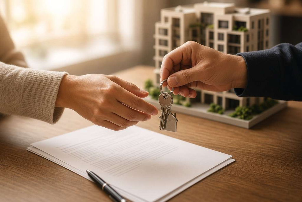 Hands exchanging house keys over a signed contract, representing the property purchase process for foreign buyers in Shanghai