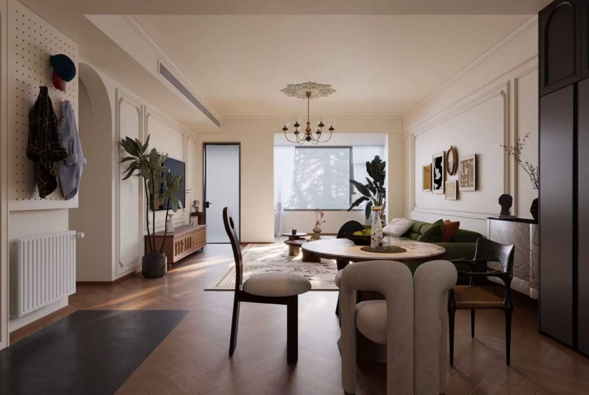 4th floor heritage apartment on Huaihai Road. 2 beds, 2 baths, 3.3m ceilings, central AC, wall heating, smart toilet. Steps from Changshu Road Station. 33,800 RMB/month.
