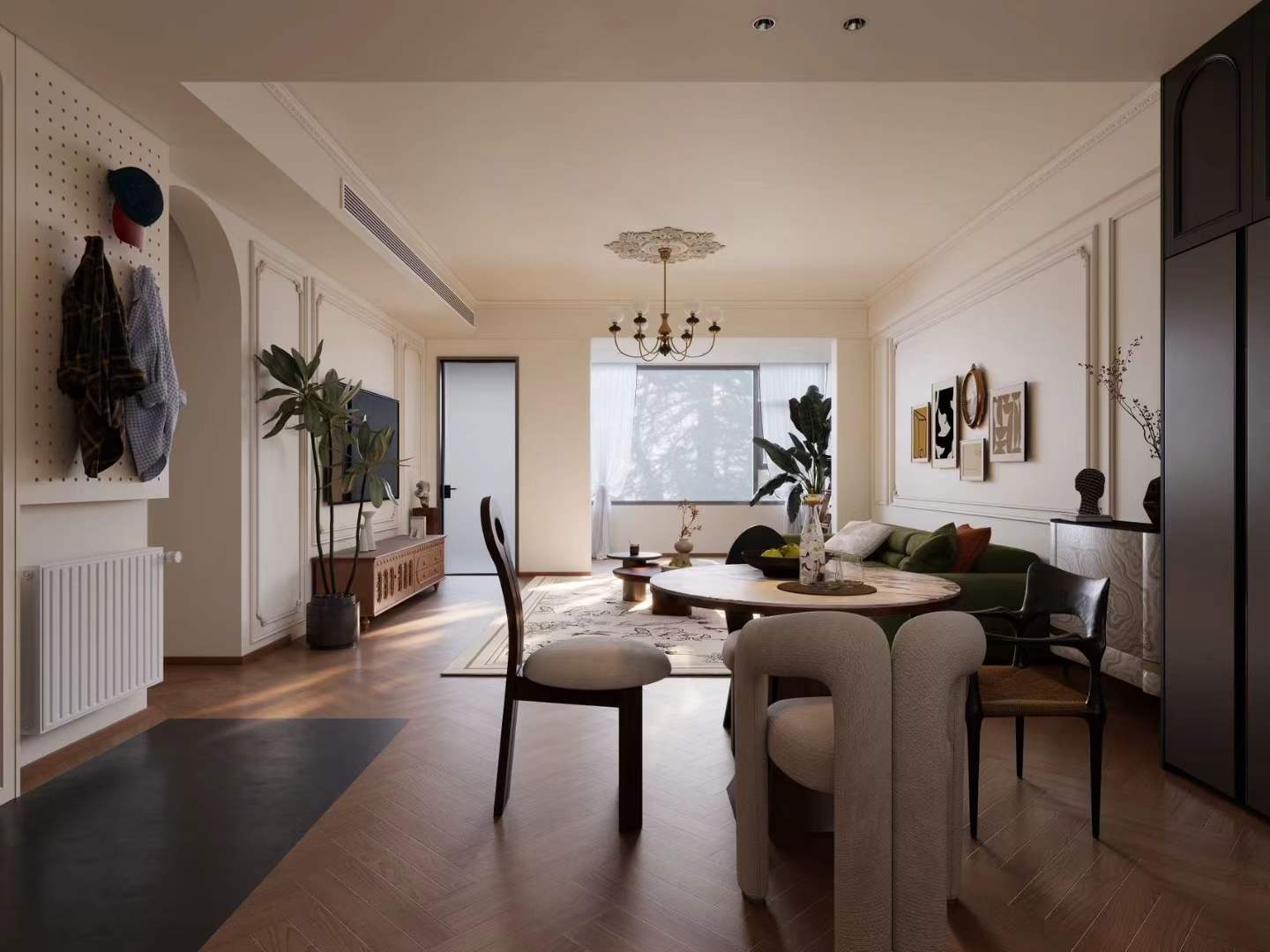 4th floor heritage apartment on Huaihai Road. 2 beds, 2 baths, 3.3m ceilings, central AC, wall heating, smart toilet. Steps from Changshu Road Station. 33,800 RMB/month.
