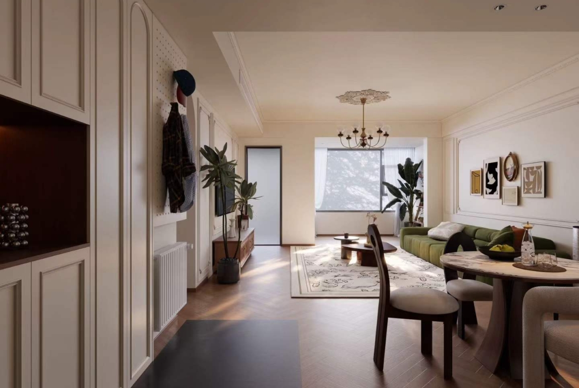 4th floor heritage apartment on Huaihai Road. 2 beds, 2 baths, 3.3m ceilings, central AC, wall heating, smart toilet. Steps from Changshu Road Station. 33,800 RMB/month.