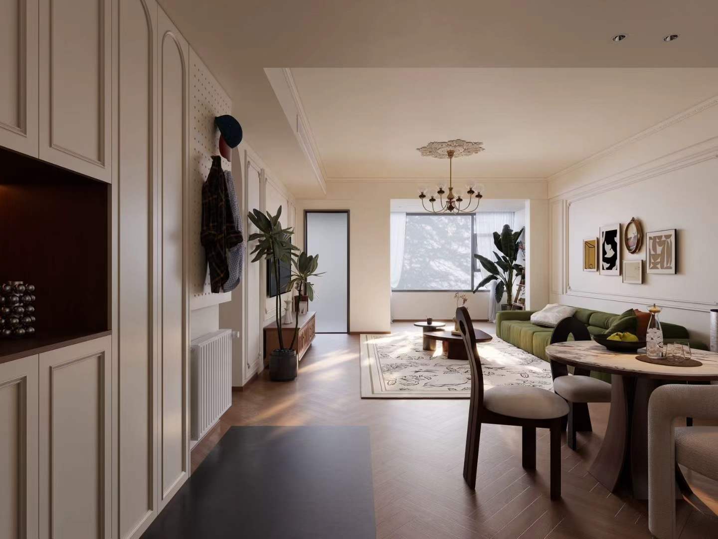 4th floor heritage apartment on Huaihai Road. 2 beds, 2 baths, 3.3m ceilings, central AC, wall heating, smart toilet. Steps from Changshu Road Station. 33,800 RMB/month.