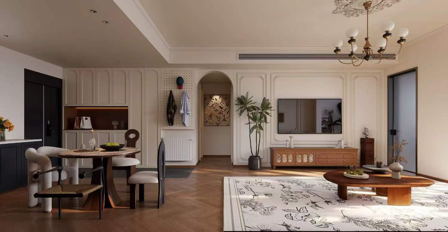 4th floor heritage apartment on Huaihai Road. 2 beds, 2 baths, 3.3m ceilings, central AC, wall heating, smart toilet. Steps from Changshu Road Station. 33,800 RMB/month.