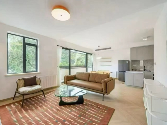 2-bed, 3-bath ground floor duplex at Shangfang Garden on Huaihai Road. Luxury renovation, wall heating, central AC, dishwasher, smart toilet. 27,800 RMB/month.