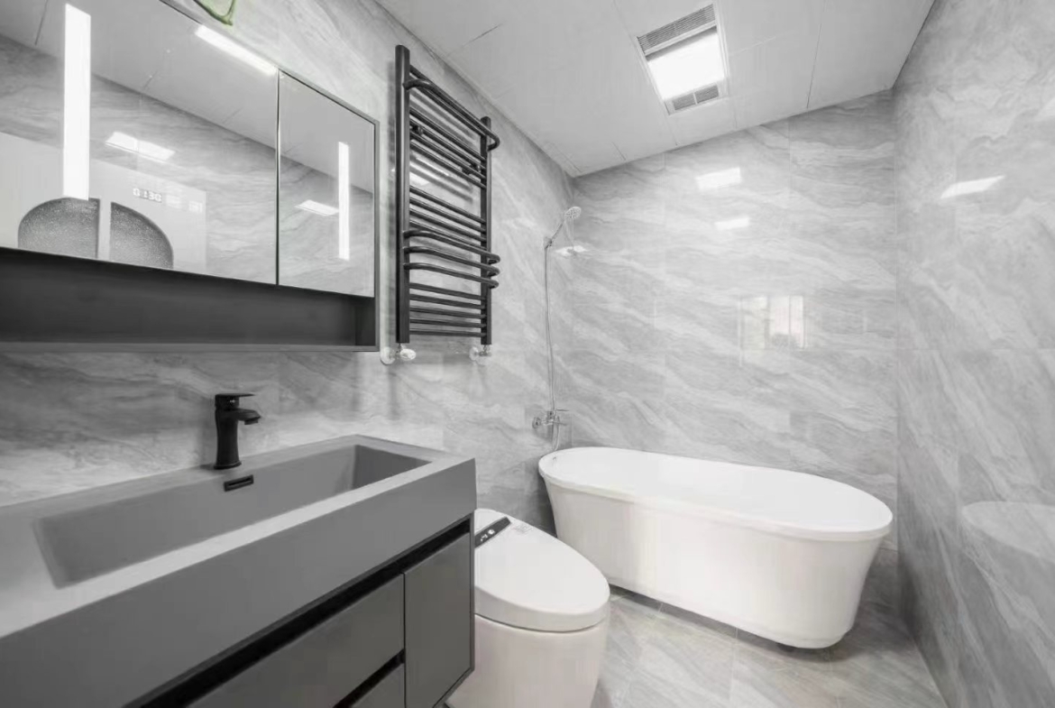 2-bed, 3-bath ground floor duplex at Shangfang Garden on Huaihai Road. Luxury renovation, wall heating, central AC, dishwasher, smart toilet. 27,800 RMB/month.