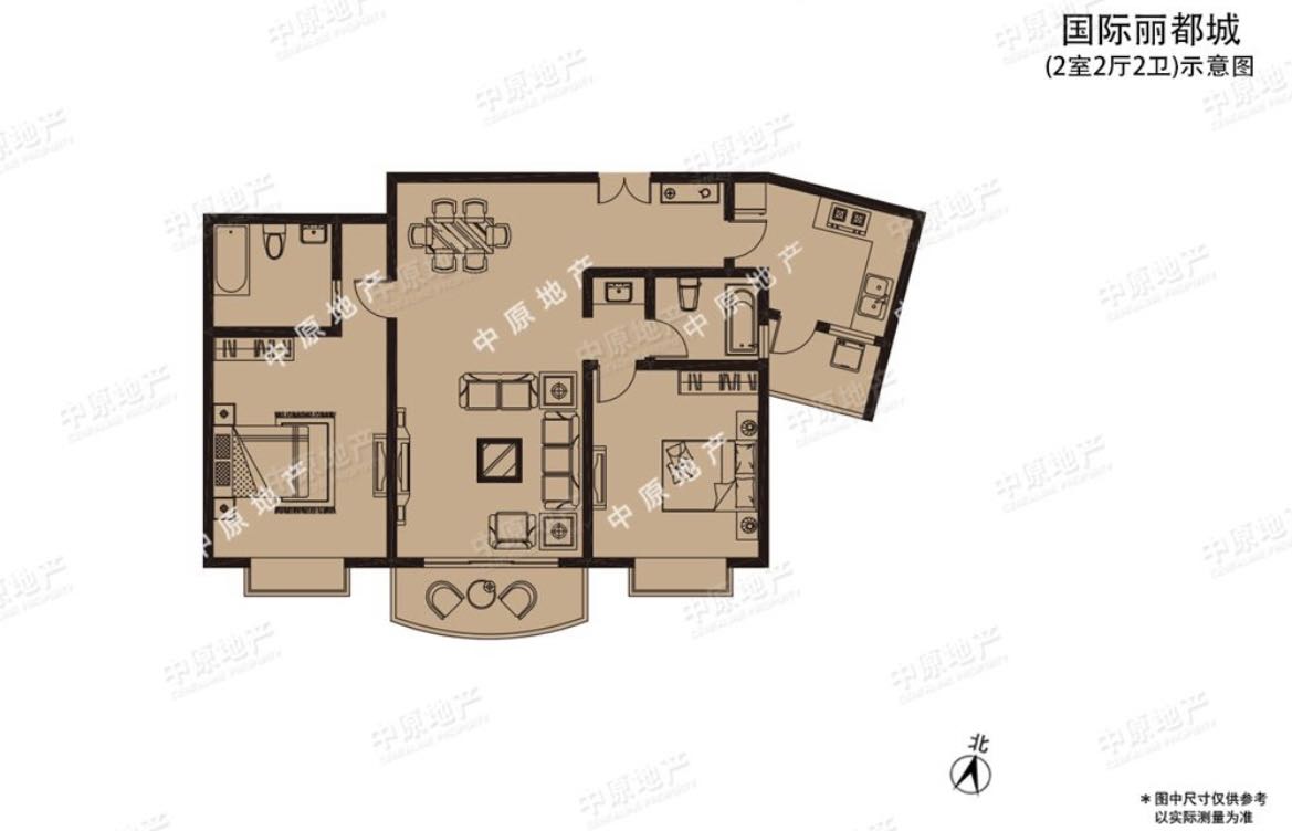 2-bed, 2-bath unit at Ladoll International City near Jing'an Sculpture Park. 120 sqm, south-facing, balcony, central AC. Available August 14. 19,800 RMB/month.