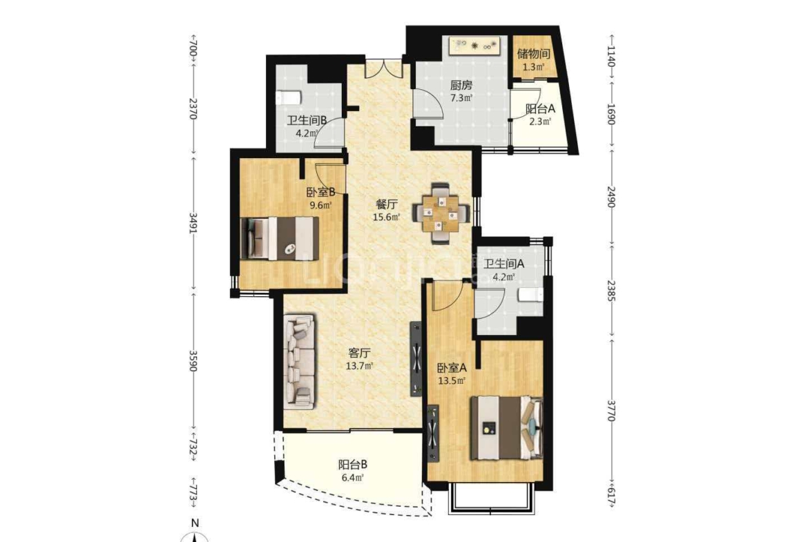 High-floor 2-bed, 2-bath unit at One Park Avenue with 270° skyline views. 120 sqm, underfloor heating, central AC, Vanke management. 23,000 RMB/month