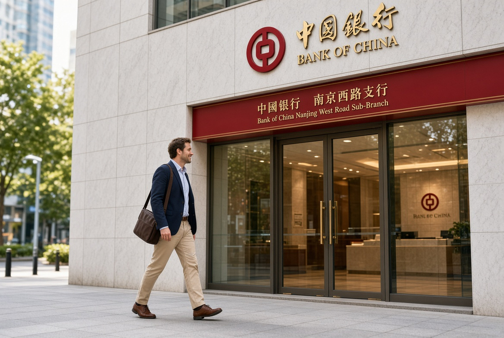 Expat professional confidently entering a Chinese bank branch to open an account