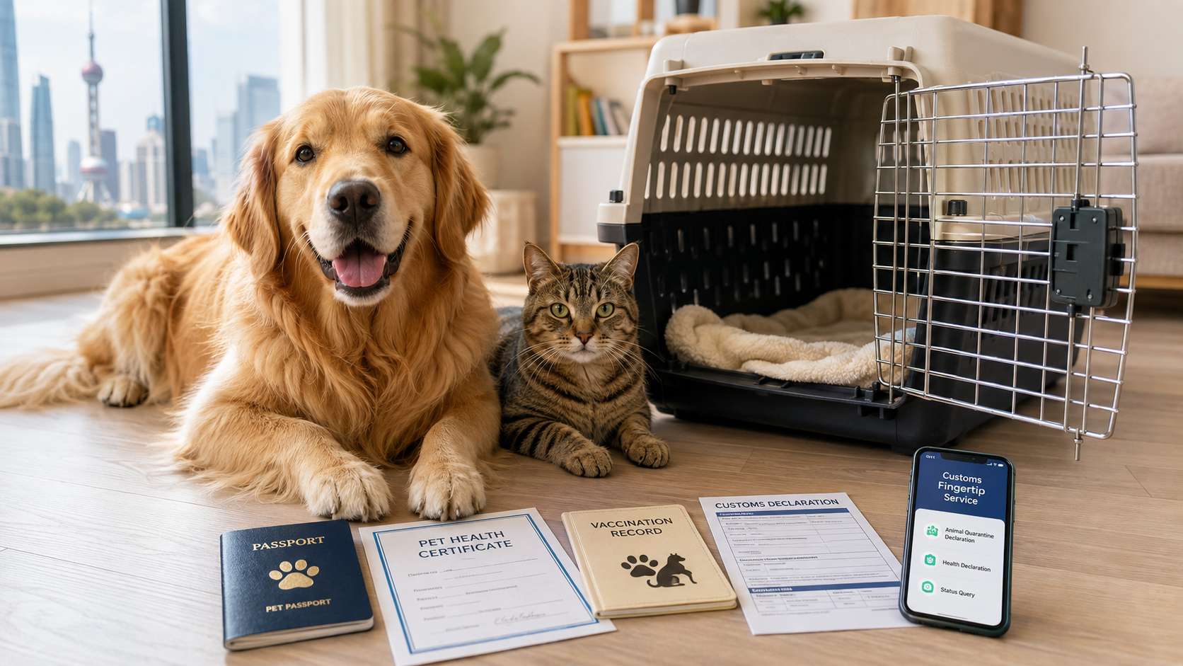 A happy dog and cat sitting next to a pet travel crate with travel documents, vaccination records, and a smartphone showing the Chinese customs pet import mini-program, representing the pet import process to Shanghai.