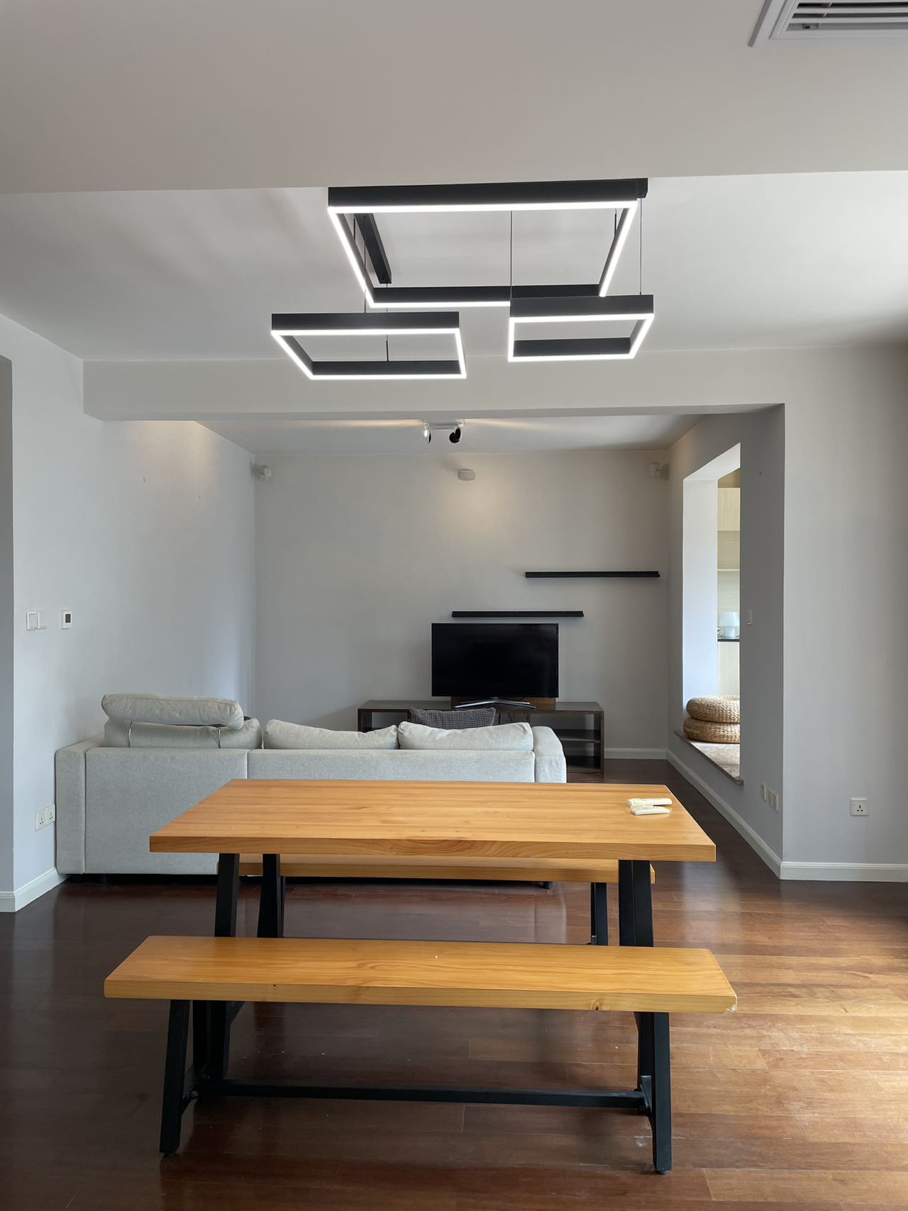 1+1 bedroom unit at Territory Shanghai with large terrace and open kitchen. 120 sqm, central Jing'an location, well-finished. Available July. 22,000 RMB/month.