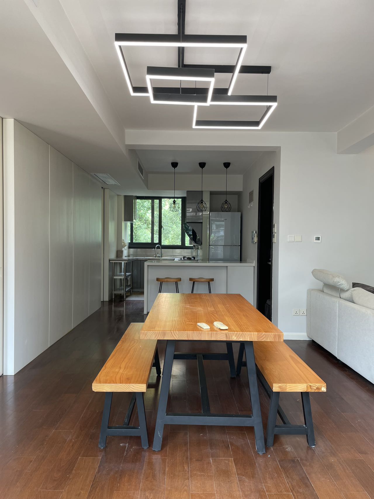 1+1 bedroom unit at Territory Shanghai with large terrace and open kitchen. 120 sqm, central Jing'an location, well-finished. Available July. 22,000 RMB/month.