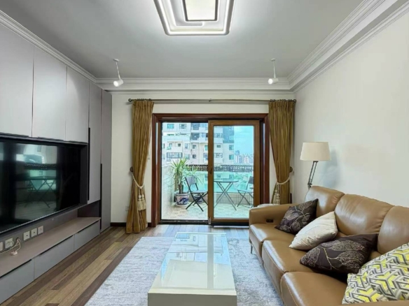 2-bed, 1-bath unit at Ambassy Court on Huaihai Road. 114 sqm, high floor, Hengfu views, wall heating, fully furnished, clubhouse access. 24,000 RMB/month.