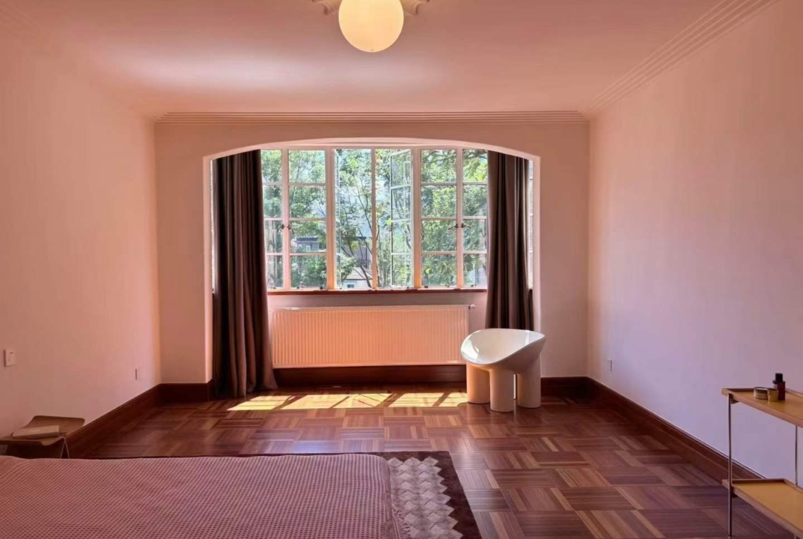 Entire lane house at Yuyuan Fang on Yuyuan Road. 5 beds, 3 baths, 300 sqm, garden, terrace, wall heating, fresh air system, heritage details. 60,000 RMB/month.