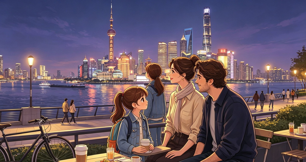 Expat family enjoying life in Shanghai with the Bund and illuminated Pudong skyline in the background