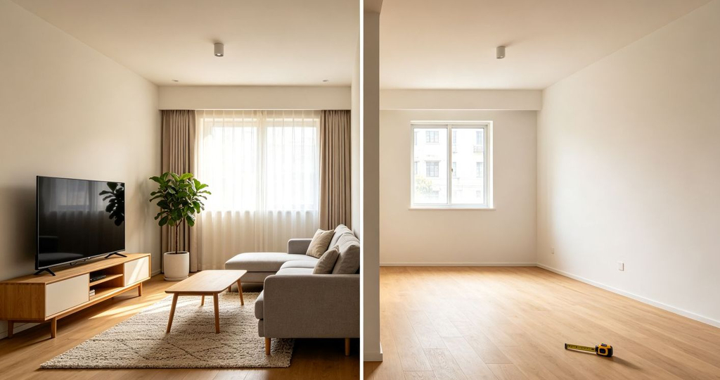 A split-screen comparison of a furnished apartment in Shanghai on the left and an unfurnished apartment on the right, illustrating the choice between move-in ready and blank canvas rentals in Shanghai.
