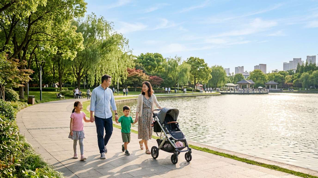 A family walking hand-in-hand along a tree-lined path in New Hongqiao Central Garden, with the park's central lake in the background, representing family life in Gubei and Hongqiao.