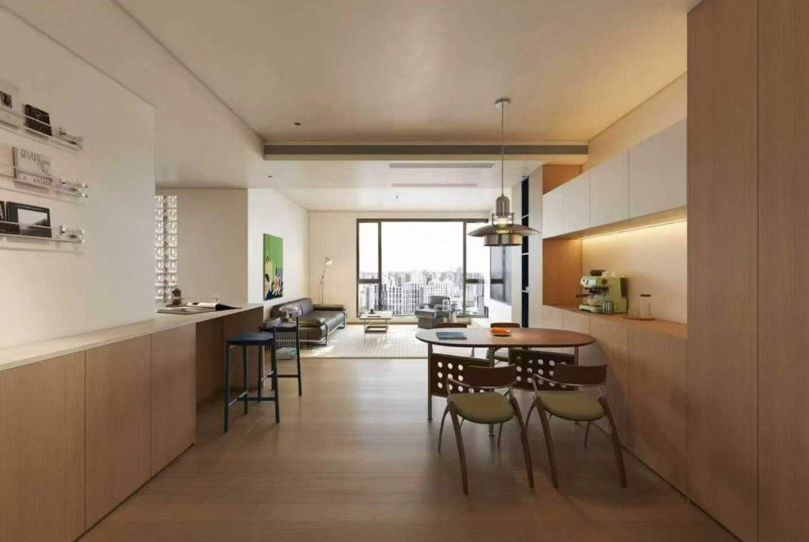 2 en-suite bedroom unit at Palace Court near IAPM. 145 sqm, south-facing living room, central AC, modern renovation, city views. 37,800 RMB/month.