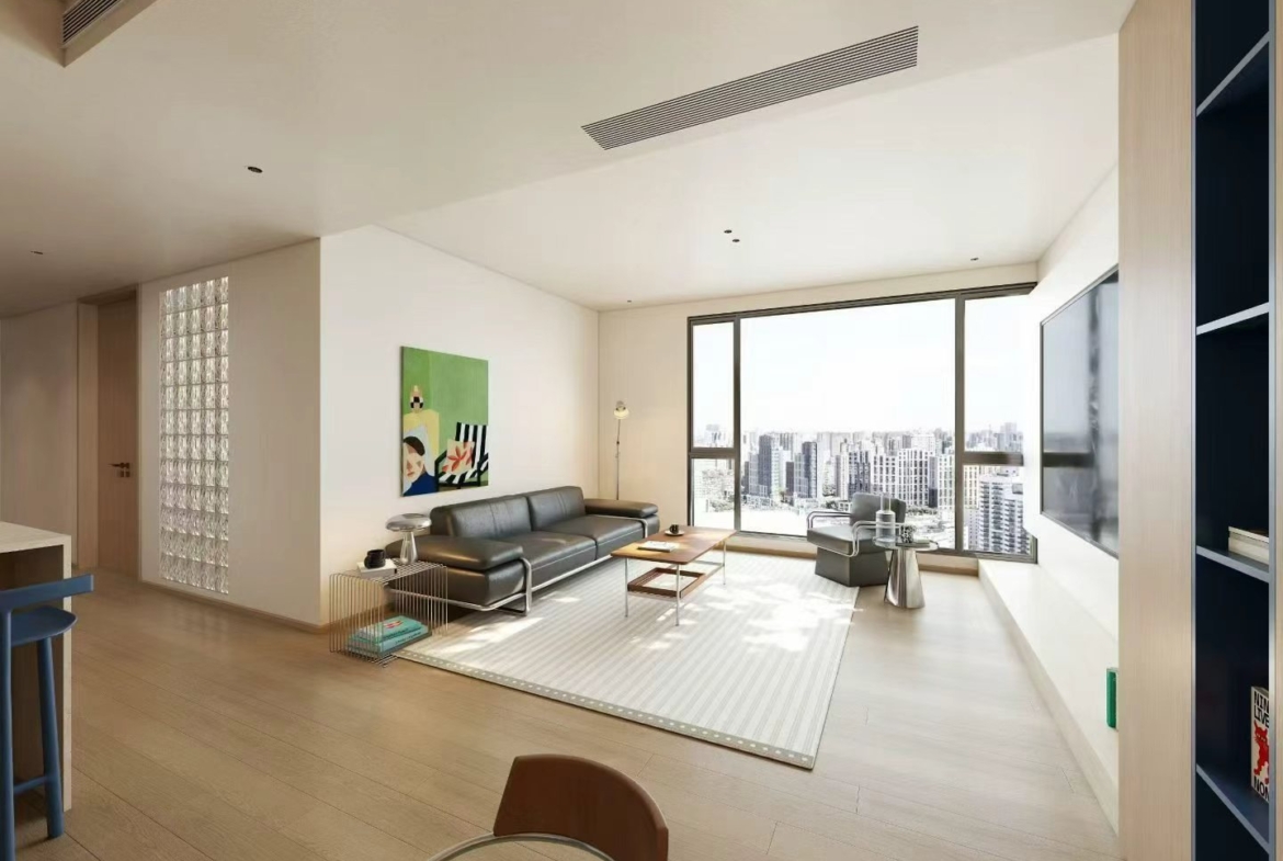 2 en-suite bedroom unit at Palace Court near IAPM. 145 sqm, south-facing living room, central AC, modern renovation, city views. 37,800 RMB/month.
