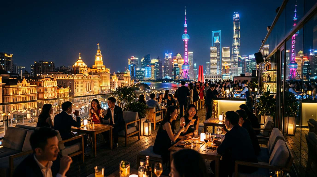 A stylish rooftop bar on the Bund with views of Shanghai's illuminated Lujiazui skyline, representing the city's vibrant 2026 nightlife scene.A stylish rooftop bar on the Bund with views of Shanghai's illuminated Lujiazui skyline, representing the city's vibrant 2026 nightlife scene.