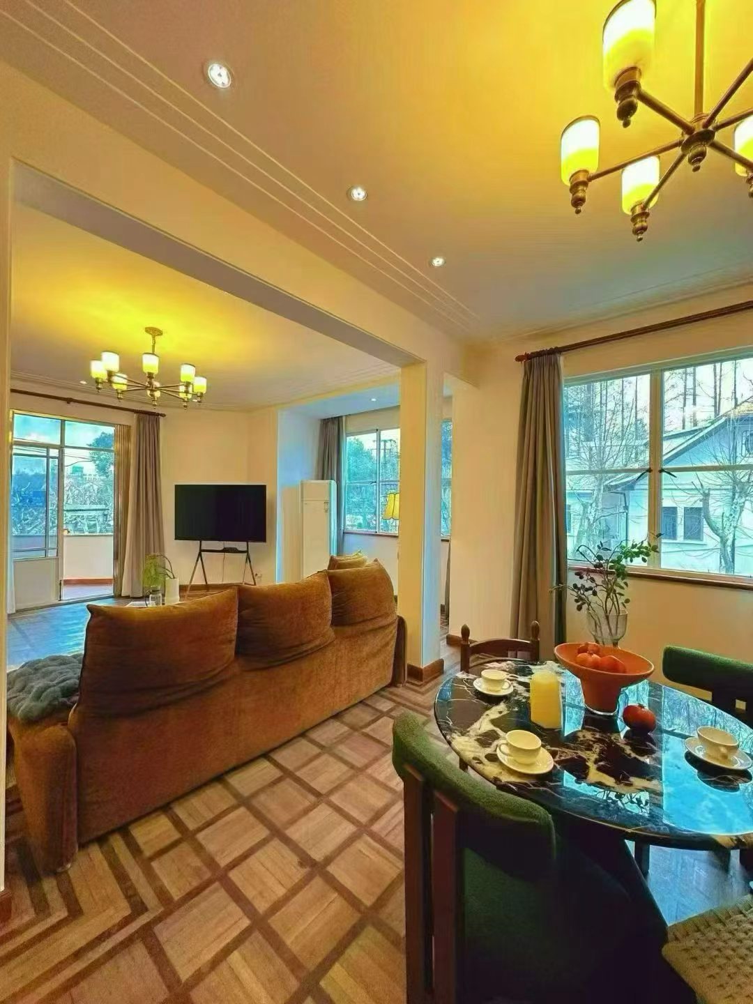 2-bed, 1-bath unit at Boissezon Apartment on West Fuxing Road. 145 sqm, outdoor balcony, heritage building (1931), near Shanghai Library Station. 28,600 RMB/month.
