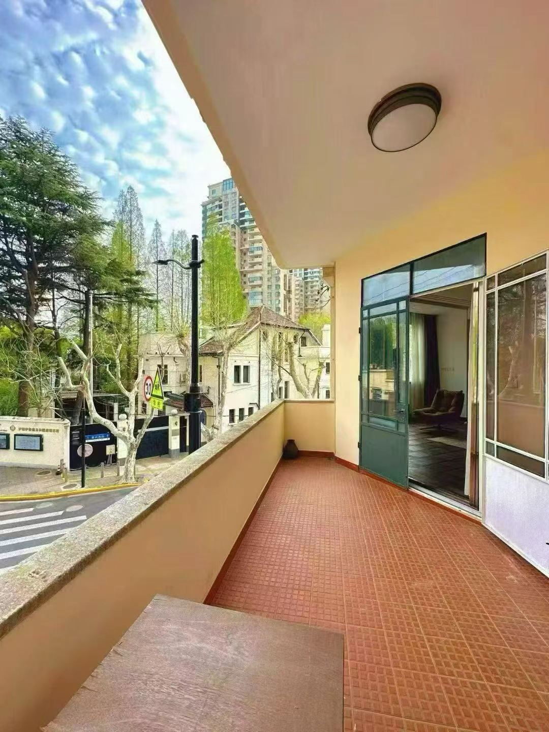 2-bed, 1-bath unit at Boissezon Apartment on West Fuxing Road. 145 sqm, outdoor balcony, heritage building (1931), near Shanghai Library Station. 28,600 RMB/month.