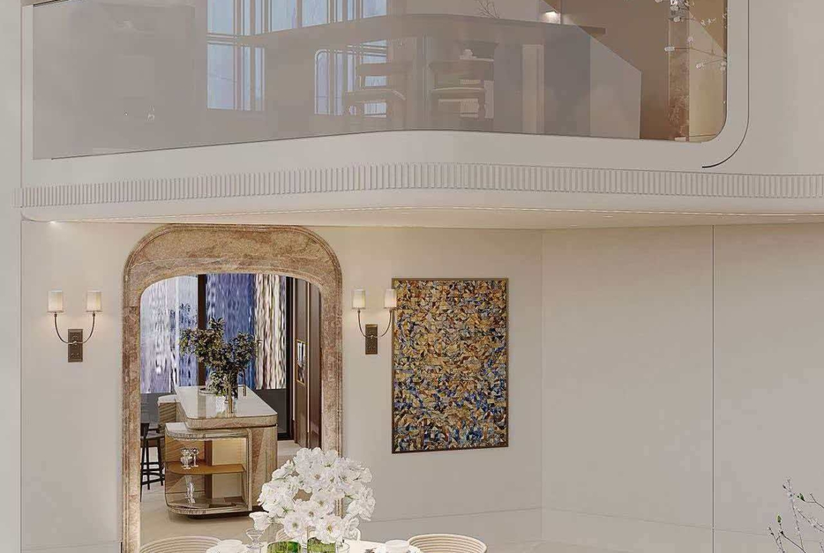 Rare 568 sqm duplex penthouse at Hyde One in Qiantan. 5 beds, 3 baths, 270° Huangpu River views, Richard Rogers design, underfloor heating. 220,000 RMB/month.