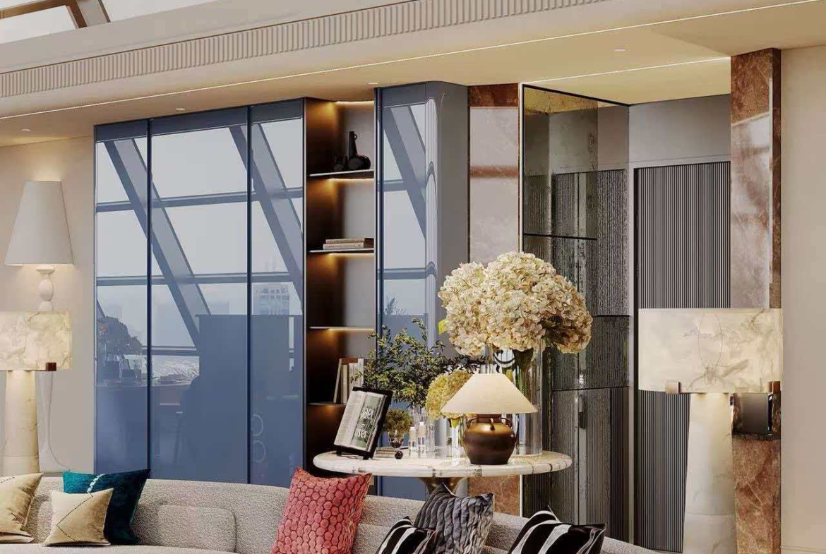 Rare 568 sqm duplex penthouse at Hyde One in Qiantan. 5 beds, 3 baths, 270° Huangpu River views, Richard Rogers design, underfloor heating. 220,000 RMB/month.