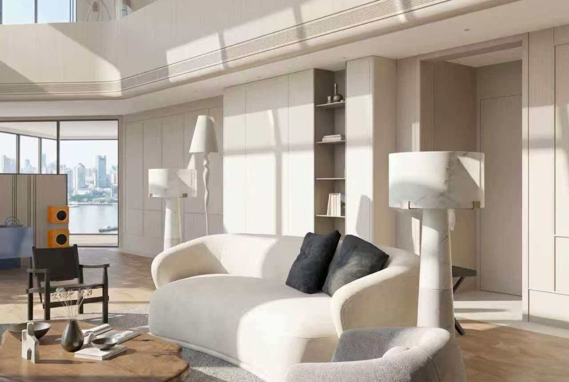 Rare 568 sqm duplex penthouse at Hyde One in Qiantan. 5 beds, 3 baths, 270° Huangpu River views, Richard Rogers design, underfloor heating. 220,000 RMB/month.