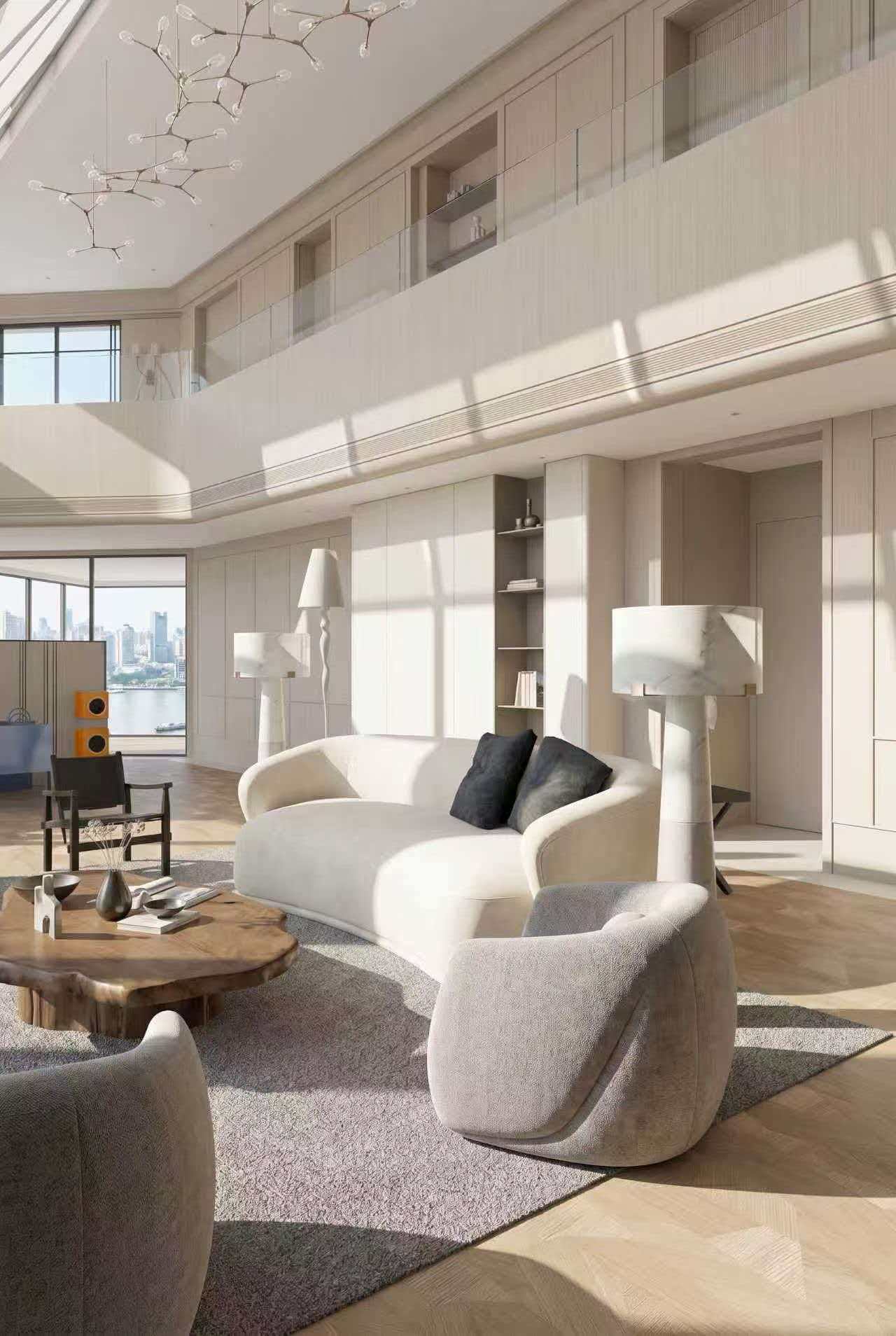 Rare 568 sqm duplex penthouse at Hyde One in Qiantan. 5 beds, 3 baths, 270° Huangpu River views, Richard Rogers design, underfloor heating. 220,000 RMB/month.