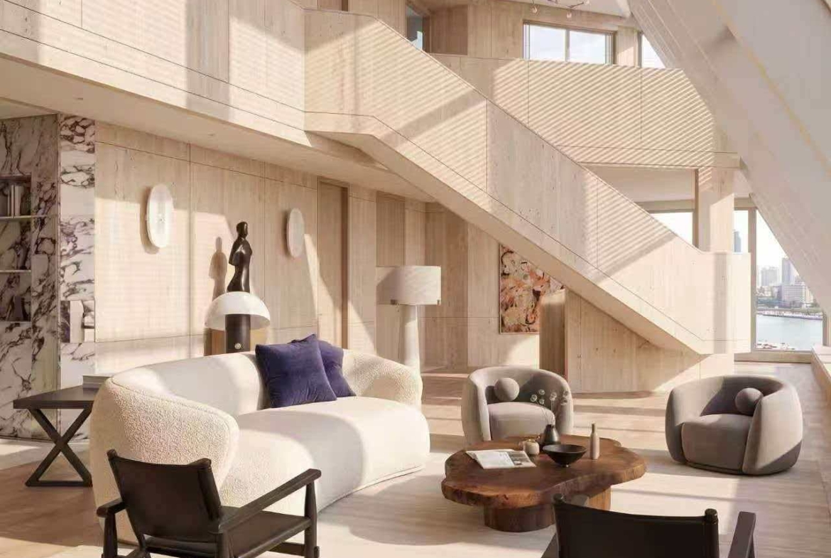 Rare 568 sqm duplex penthouse at Hyde One in Qiantan. 5 beds, 3 baths, 270° Huangpu River views, Richard Rogers design, underfloor heating. 220,000 RMB/month.