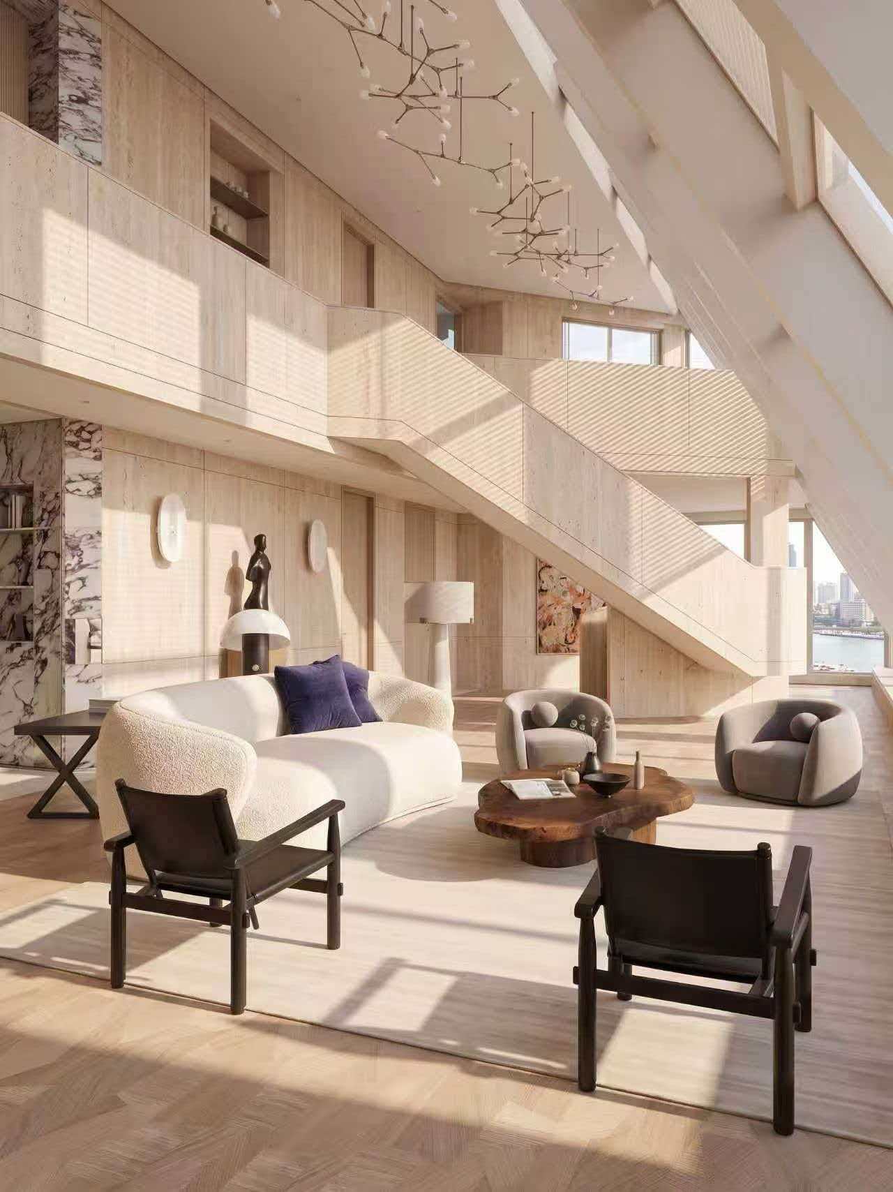 Rare 568 sqm duplex penthouse at Hyde One in Qiantan. 5 beds, 3 baths, 270° Huangpu River views, Richard Rogers design, underfloor heating. 220,000 RMB/month.