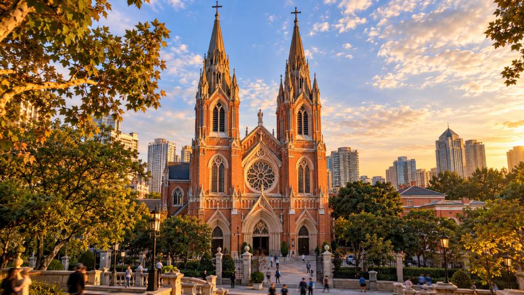 St. Ignatius Cathedral in Xujiahui, Shanghai, with red-brick Gothic Revival towers lit by warm golden hour light.