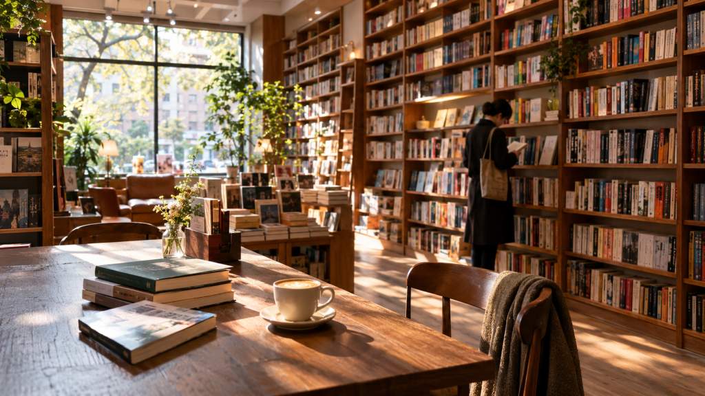Cozy independent bookstore interior in Shanghai with floor-to-ceiling wooden shelves and warm natural light, representing the city's English book scene.
